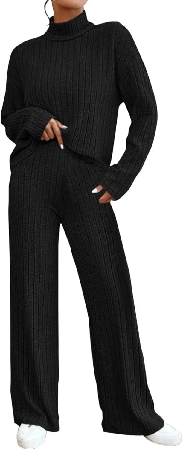 V-Neck Lounge Set for Women Women's High Neck 2 Sweatsuit Long Sleeve Knit Sweater Tops Wide Leg Pants Set Outfits