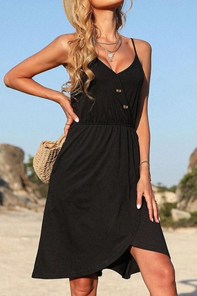 V NECK BUTTON TIGHTEN WAIST CAMISOLE DRESS Trendy Piece