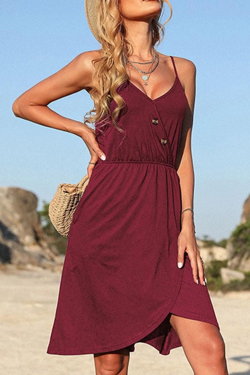 V NECK BUTTON TIGHTEN WAIST CAMISOLE DRESS Dual Tones Casual Chic Wear