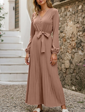 V-NECK BUTTON-UP LONG PLEATED DRESS Chic beachwear dress