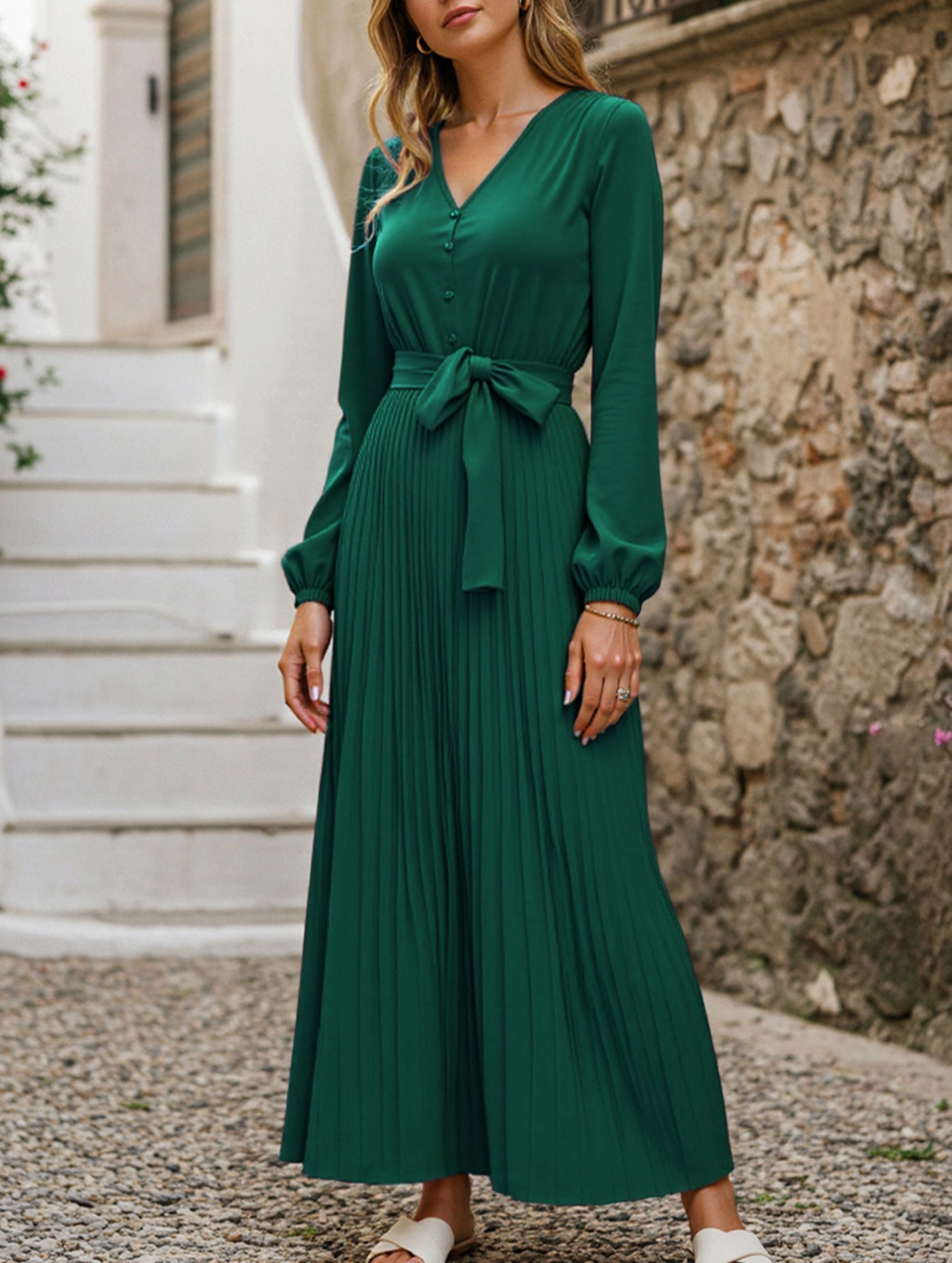 Fitted Style V-NECK BUTTON-UP LONG PLEATED DRESS