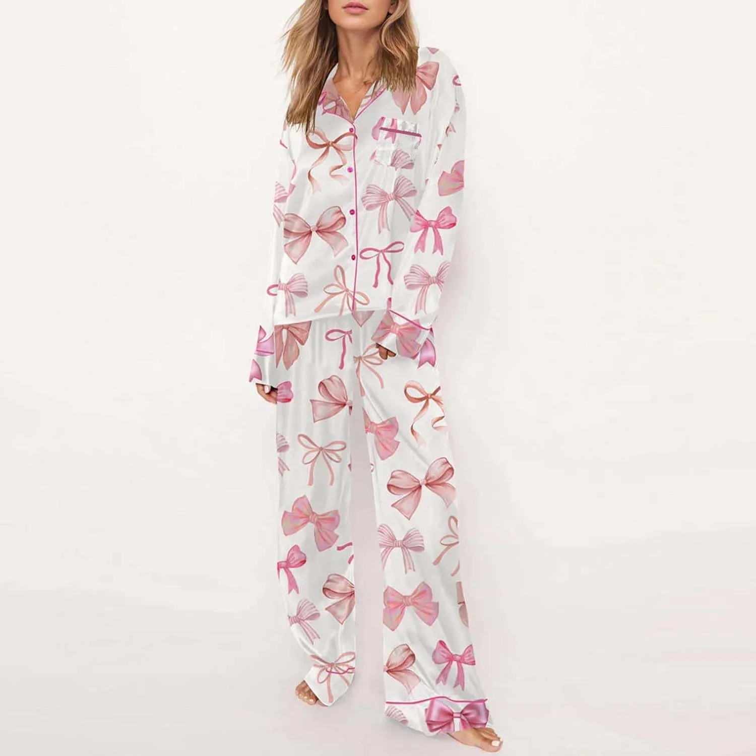 Valentine Pajamas Women Leisure Valentine's Day Bow Love Loose Cute Heart Print Button Down Shirt With Long Pants