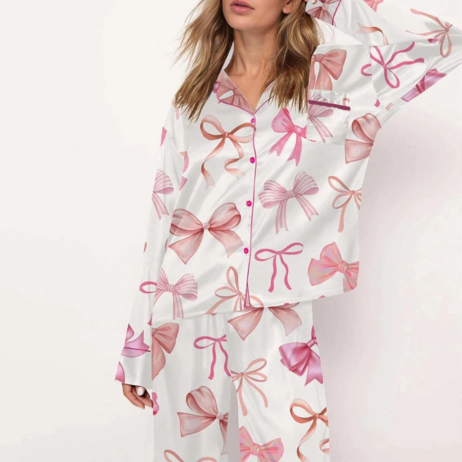 Valentine Pajamas Women Leisure Valentine's Day Bow Love Loose Cute Heart Print Button Down Shirt With Long Pants