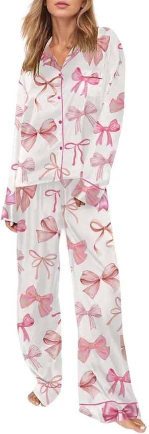 Valentine Pajamas Women Leisure Valentine's Day Bow Love Loose Cute Heart Print Button Down Shirt With Long Pants