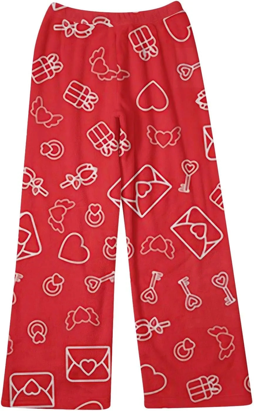 Valentines Pajama Pants 2024 Heart Pj Pants Unisex Fuzzy Pajama Bottoms Women Man Cozy Fleece Lounge Pants Sleepwear