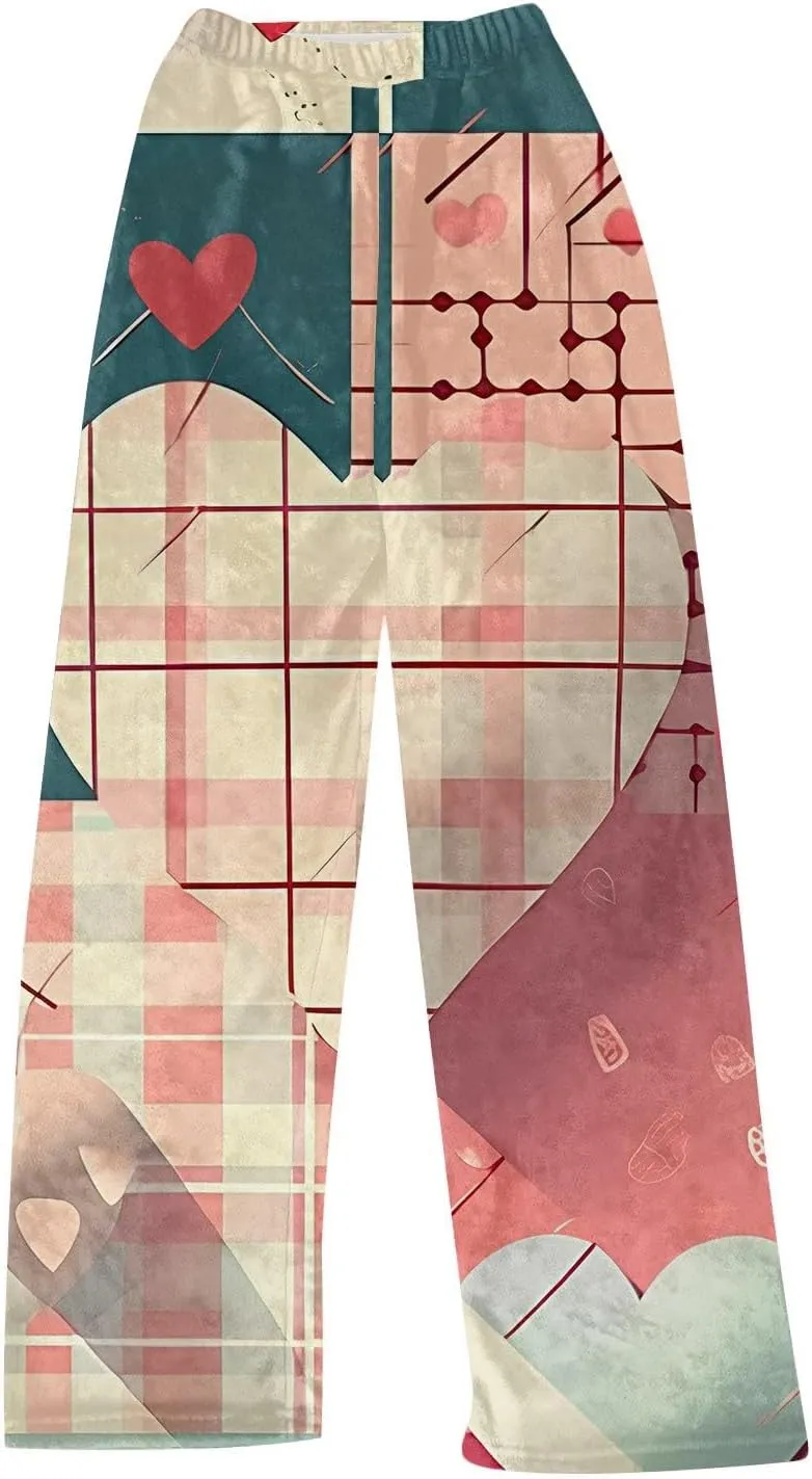 Valentines Pajama Pants 2024 Heart Pj Pants Unisex Fuzzy Pajama Bottoms Women Man Cozy Fleece Lounge Pants Sleepwear