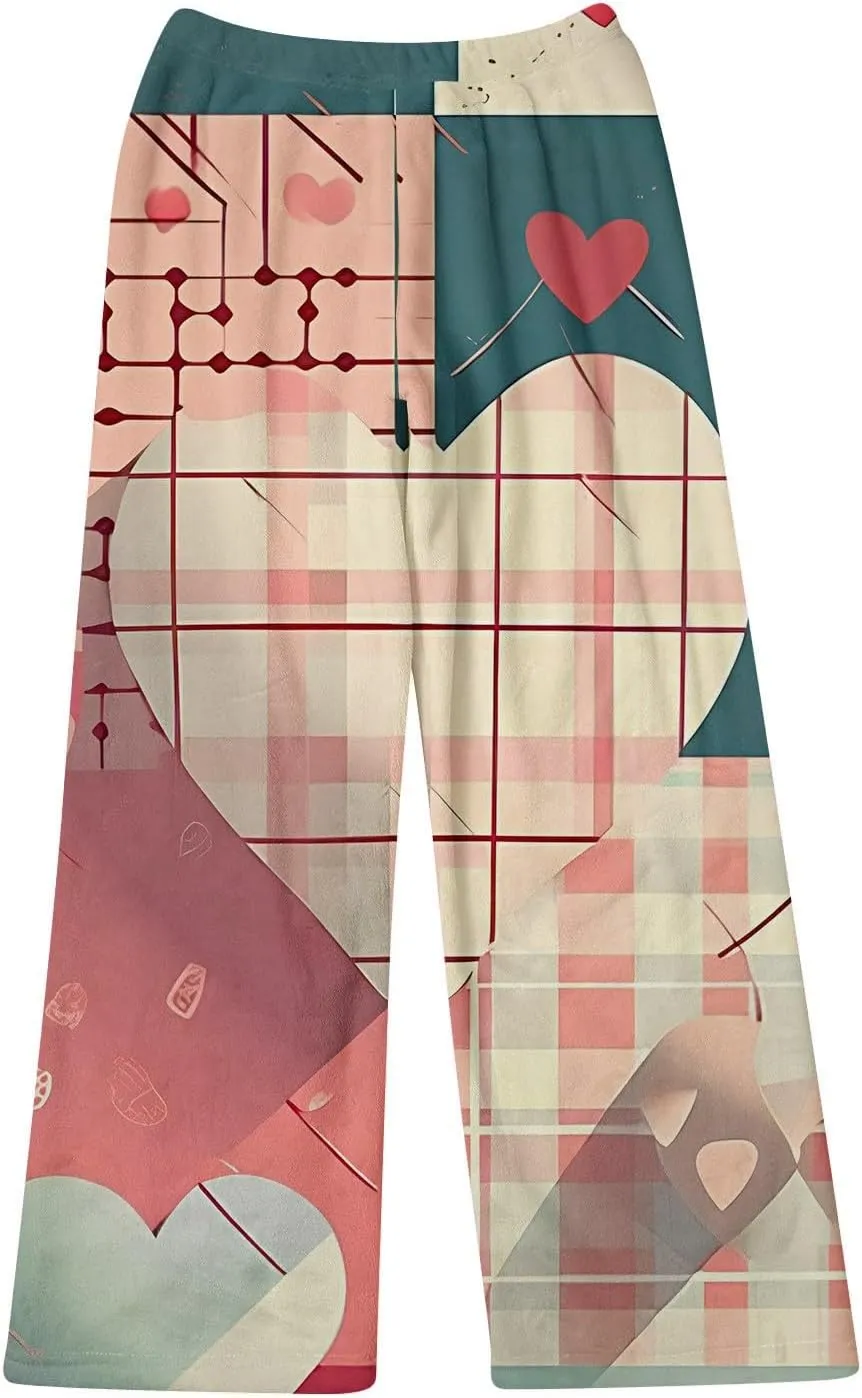 Valentines Pajama Pants 2024 Heart Pj Pants Unisex Fuzzy Pajama Bottoms Women Man Cozy Fleece Lounge Pants Sleepwear