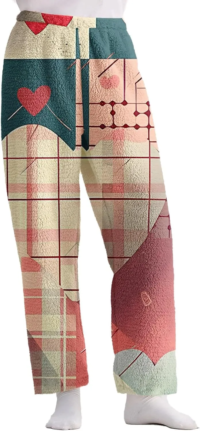 Valentines Pajama Pants 2024 Heart Pj Pants Unisex Fuzzy Pajama Bottoms Women Man Cozy Fleece Lounge Pants Sleepwear