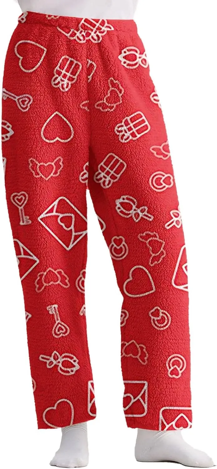 Valentines Pajama Pants 2024 Heart Pj Pants Unisex Fuzzy Pajama Bottoms Women Man Cozy Fleece Lounge Pants Sleepwear