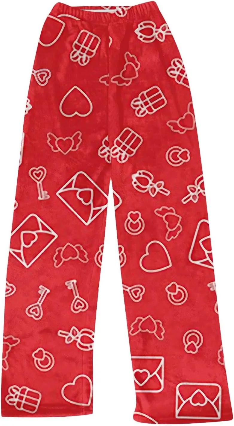 Valentines Pajama Pants 2024 Heart Pj Pants Unisex Fuzzy Pajama Bottoms Women Man Cozy Fleece Lounge Pants Sleepwear