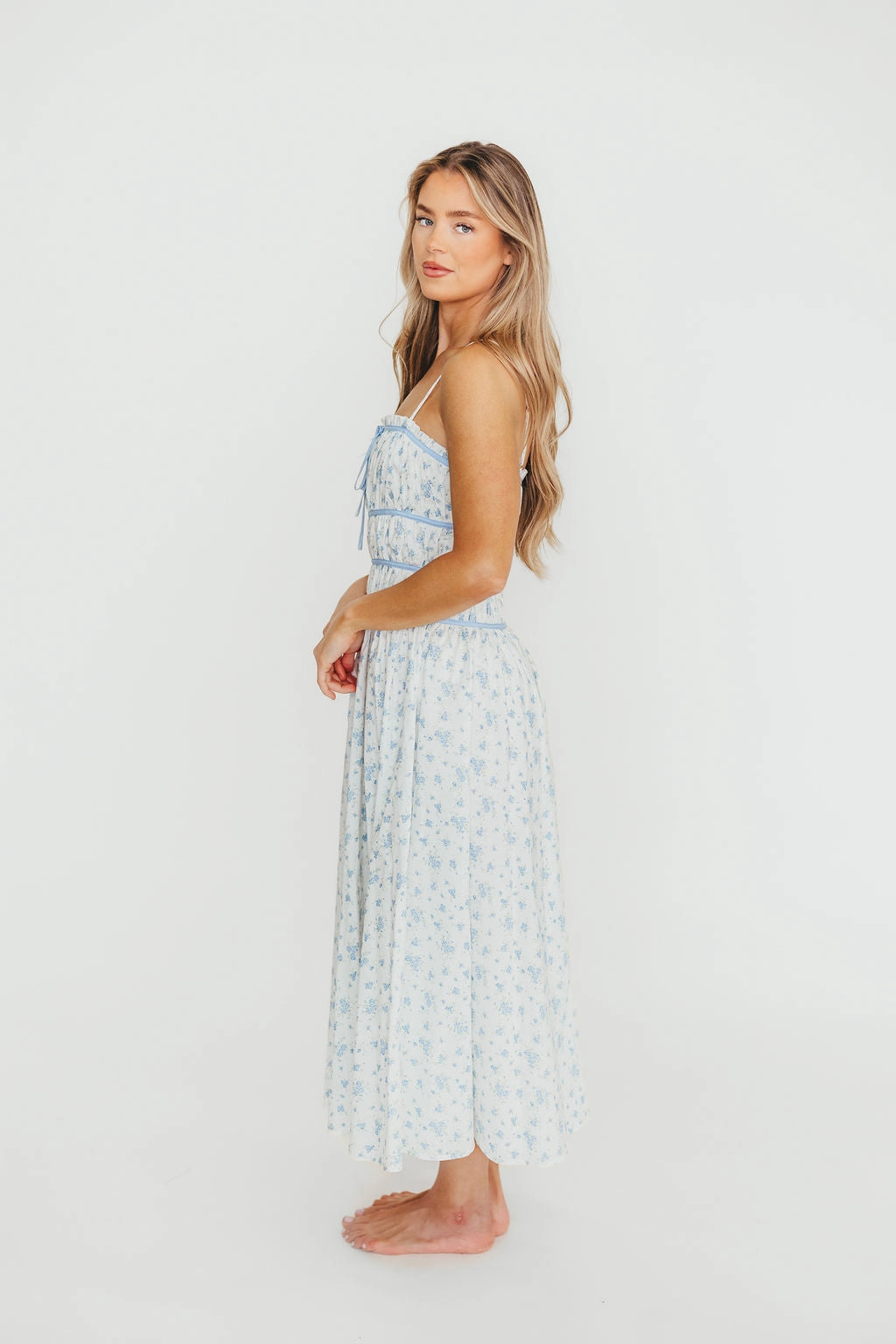 Theater-Night Neutral palette Vanessa Midi Dress in Blue *Final-Sale*
