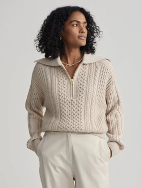 Varley Camello Cable Knit Sweater in Parchment Quick Dry Blend Elastic Edge Binding