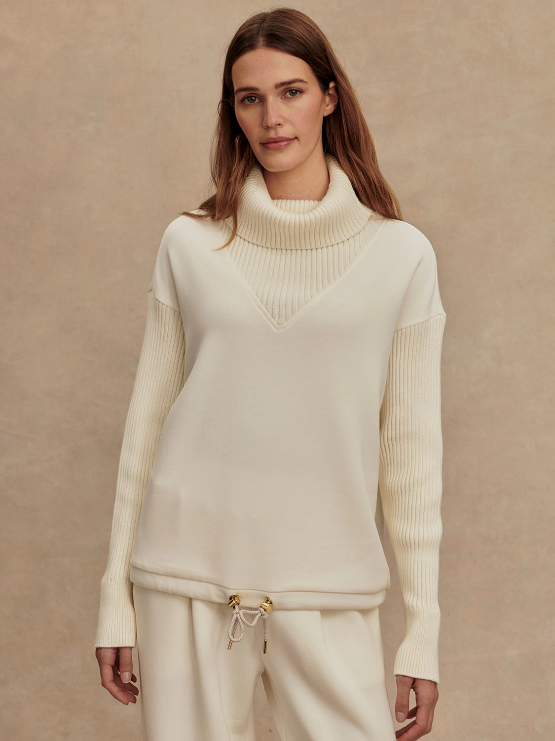 Varley Hannah Cowl Neck Sweat in Egret UVProtective Coating preshrunk