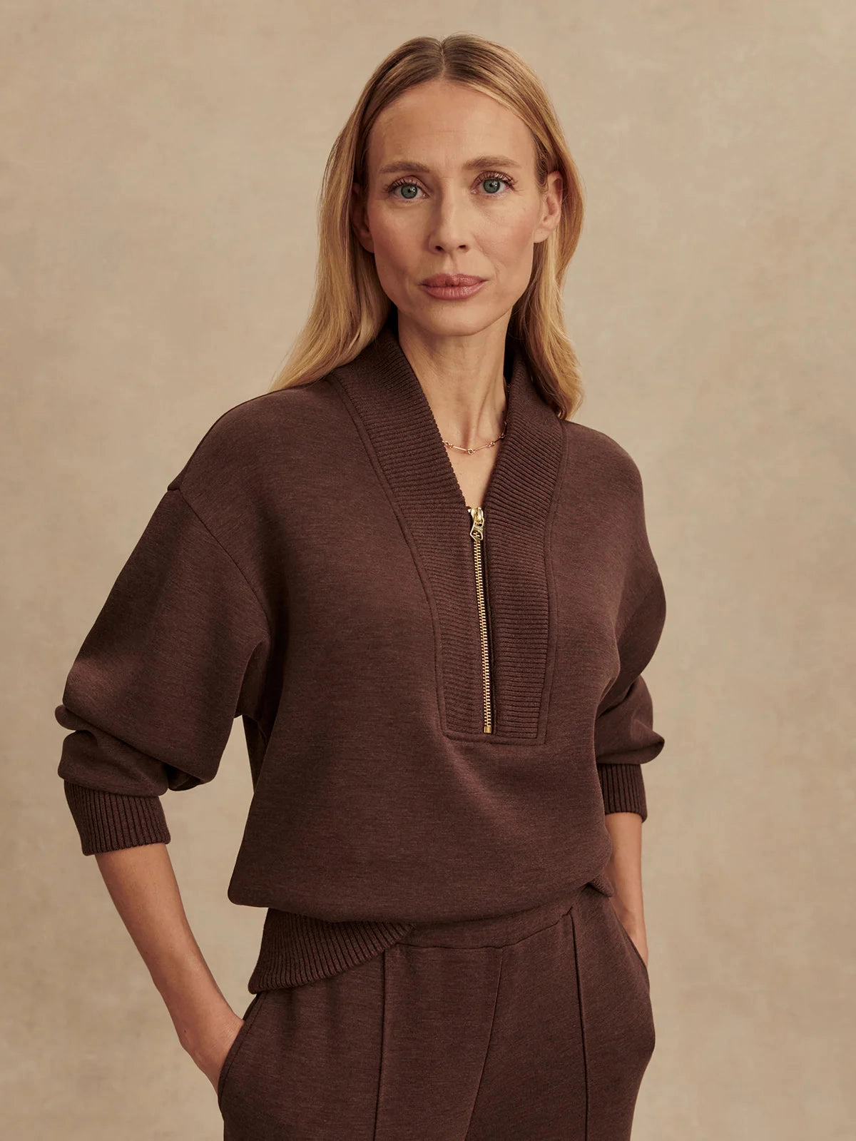 Sporty Blouse Varley Sally Half-Zip Sweat in Coffee Bean Marl