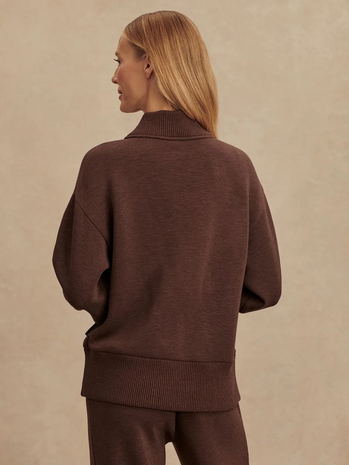 Varley Sally Half-Zip Sweat in Coffee Bean Marl Sustainable Manufacturing Contrast Stitch Accent