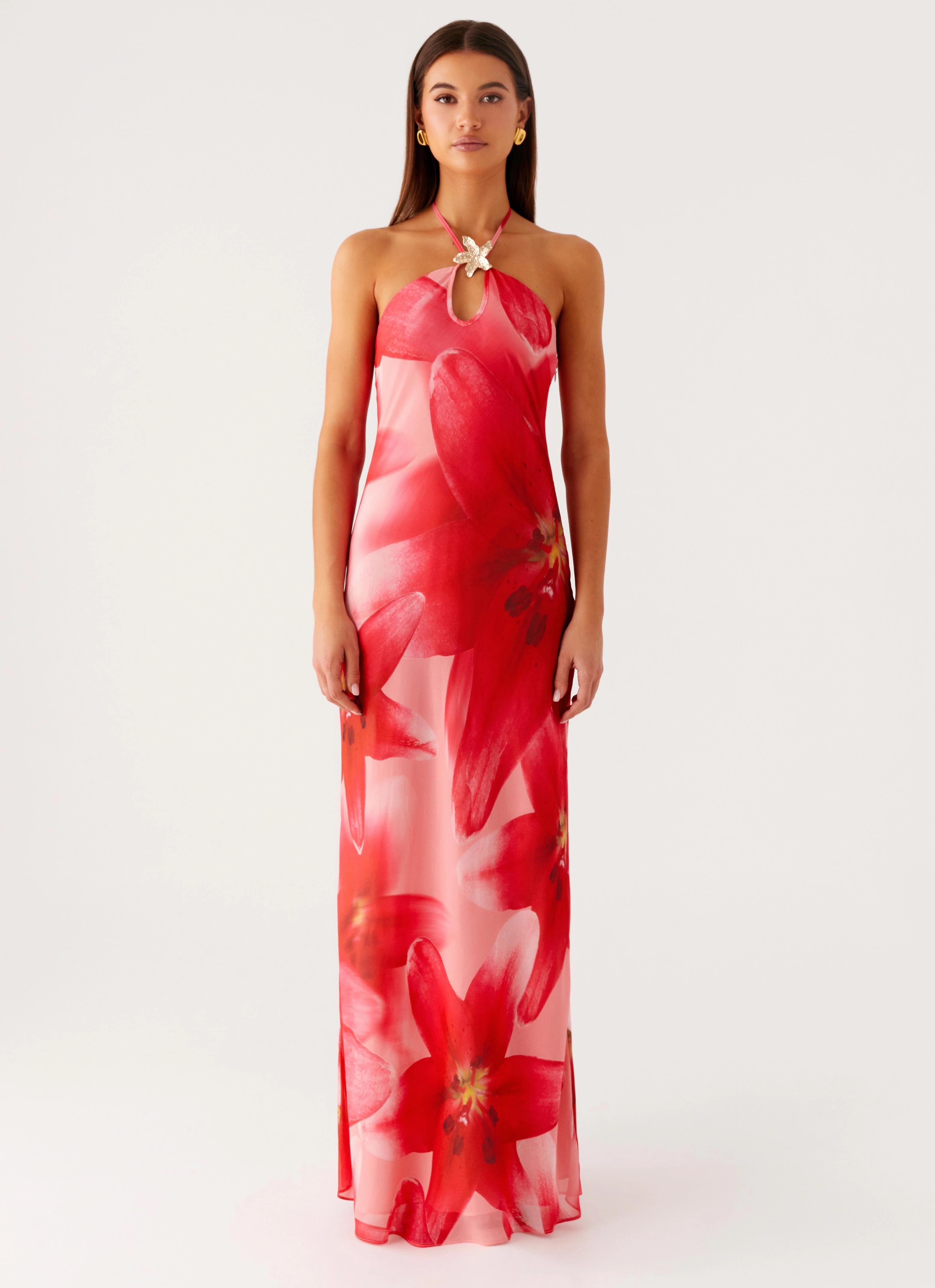 Vatiana Chiffon Maxi Dress - Peach Watermelon Flower Soft and Relaxed
