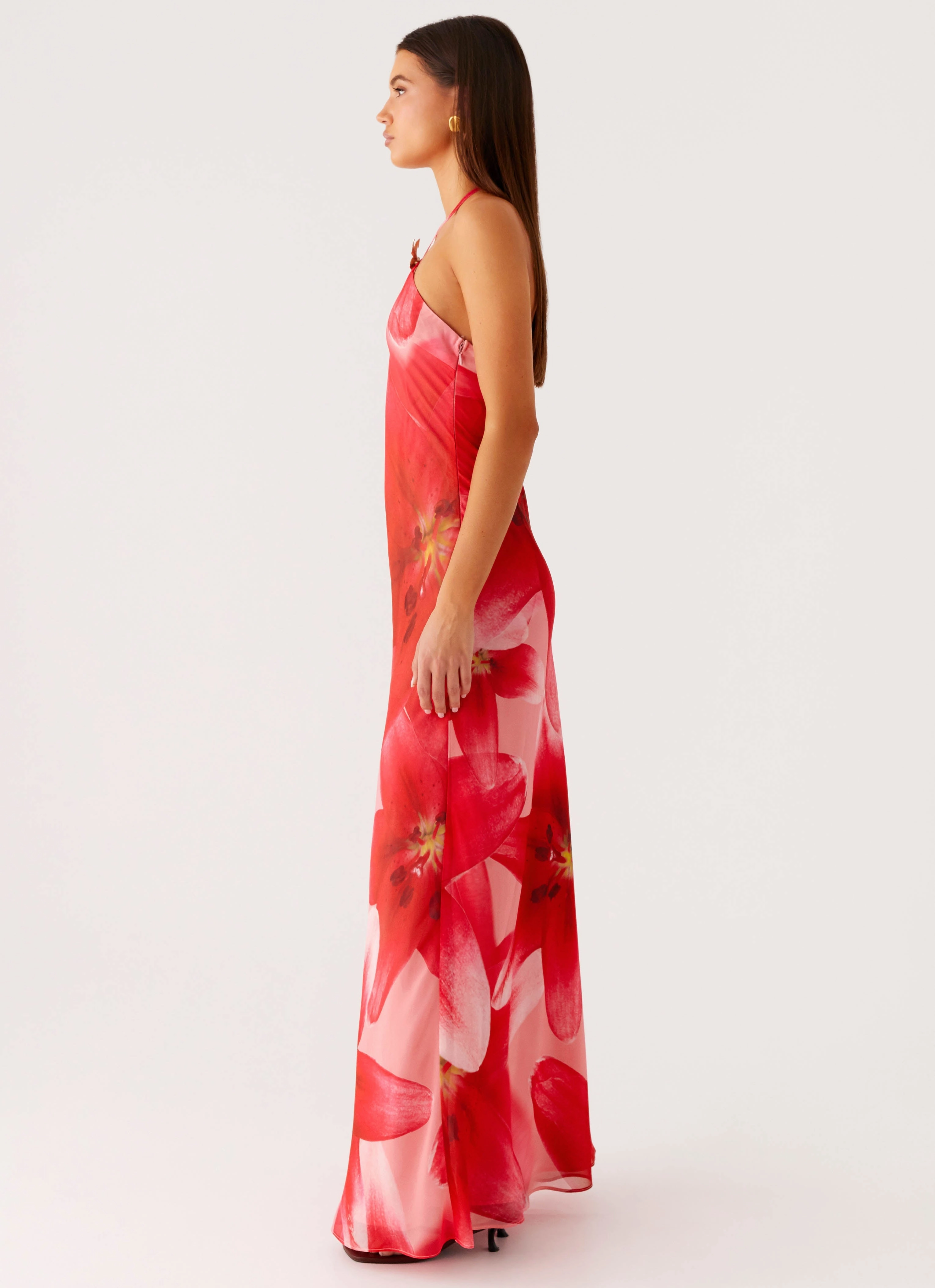 Vatiana Chiffon Maxi Dress - Peach Watermelon Flower Flawless Waistband Fit