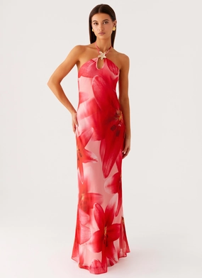 Art Inspired Fit Waist Vatiana Chiffon Maxi Dress - Peach Watermelon Flower