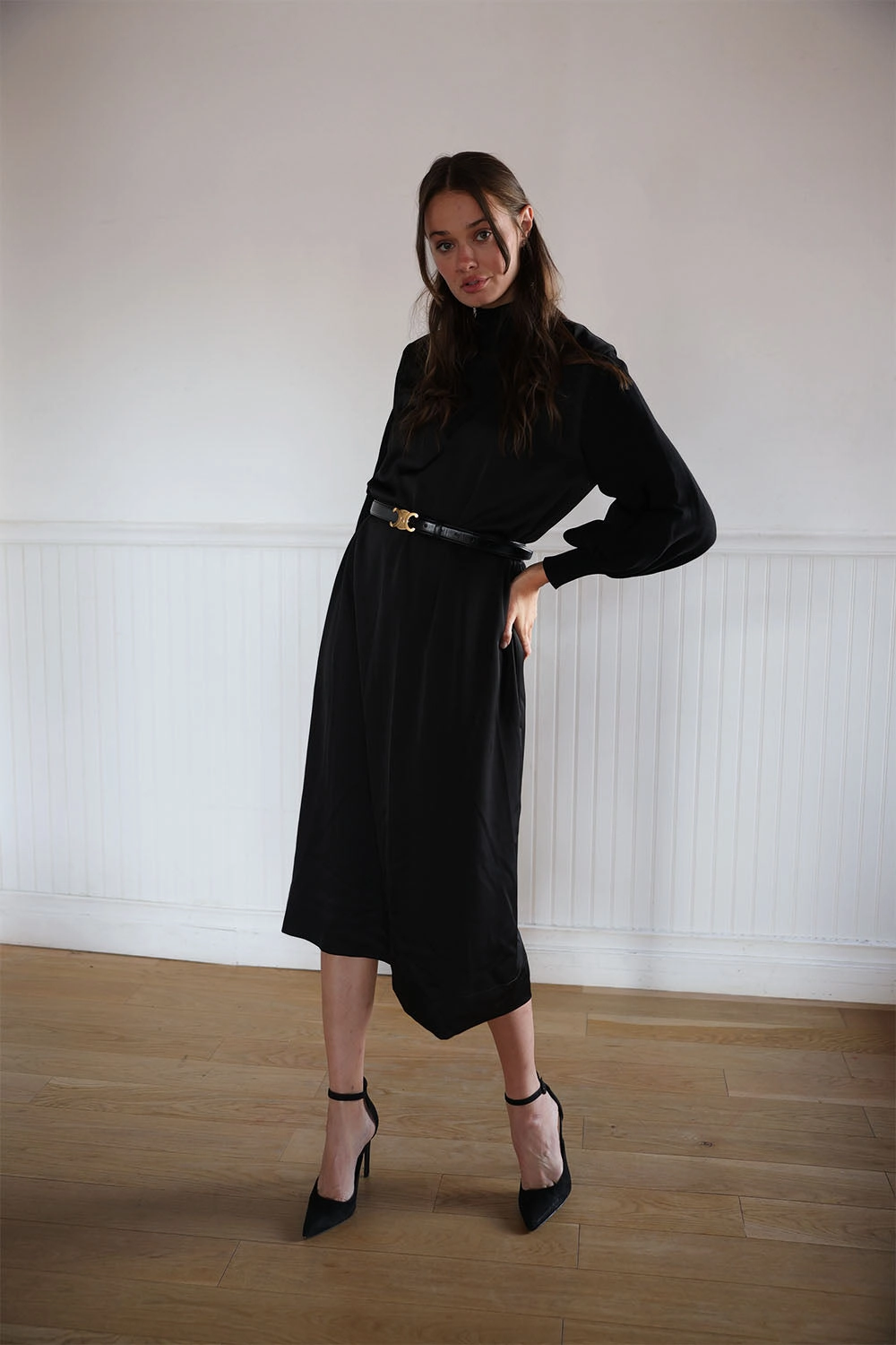 Cool Draping Neutral Layer Vee Silk Knit Dress