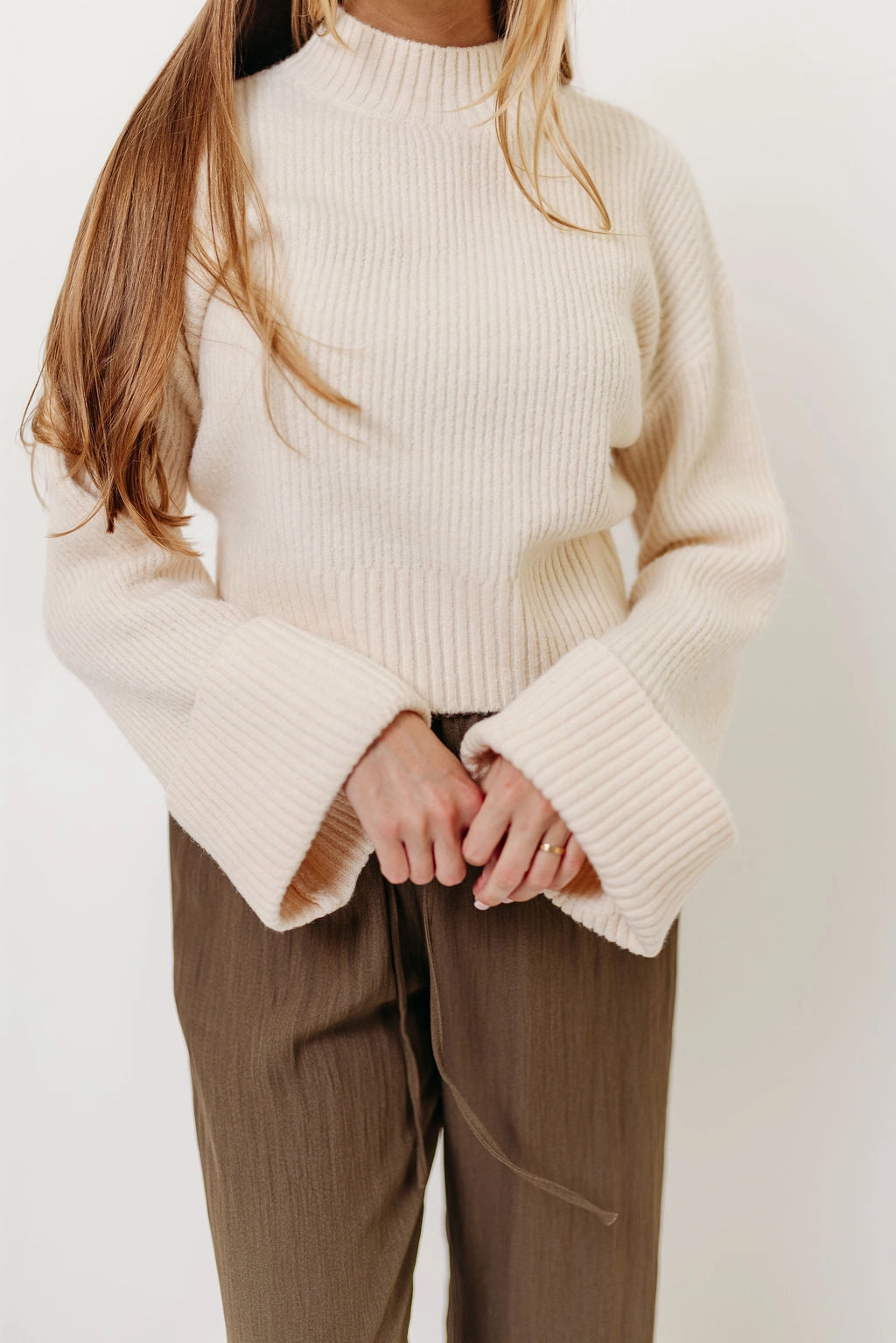 Freida Mock-Neck Sweater in Cream Durable Overlock Stitch Buttery Soft Feel