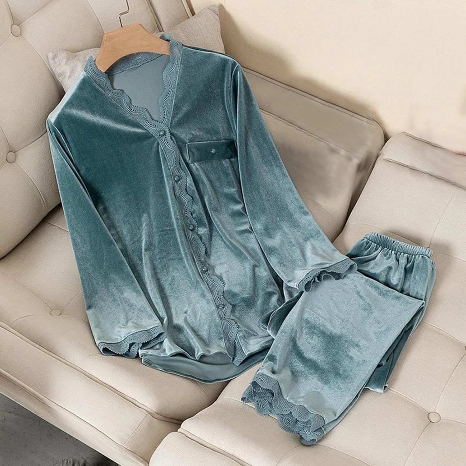 Velvet Pajamas for Women Button Up Lace Trim Sleepwear Sweet 2 Piece Fall Loungewear Pj Set Womens Pajama Sets