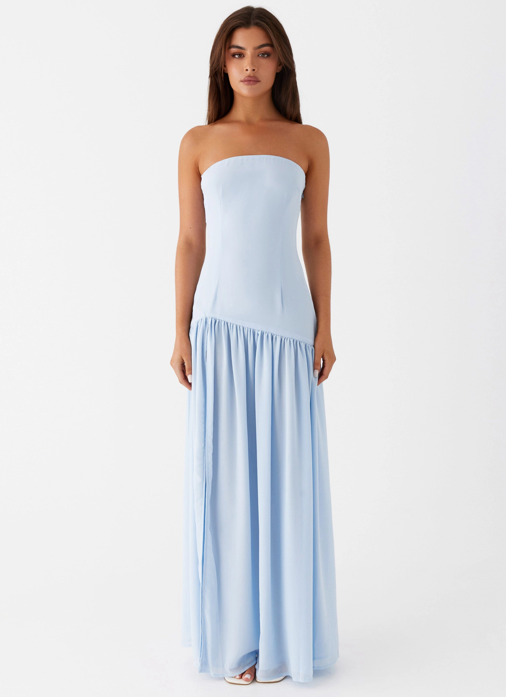 Evening-Wear Satin Finish Eden Strapless Maxi Dress - Blue
