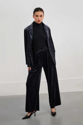 Stylish Appearance Velvet Leopard Wide Leg Trouser in Dark Grey