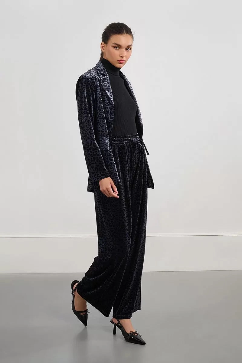 Velvet Leopard Wide Leg Trouser in Dark Grey Urban Look Sleek and Soft