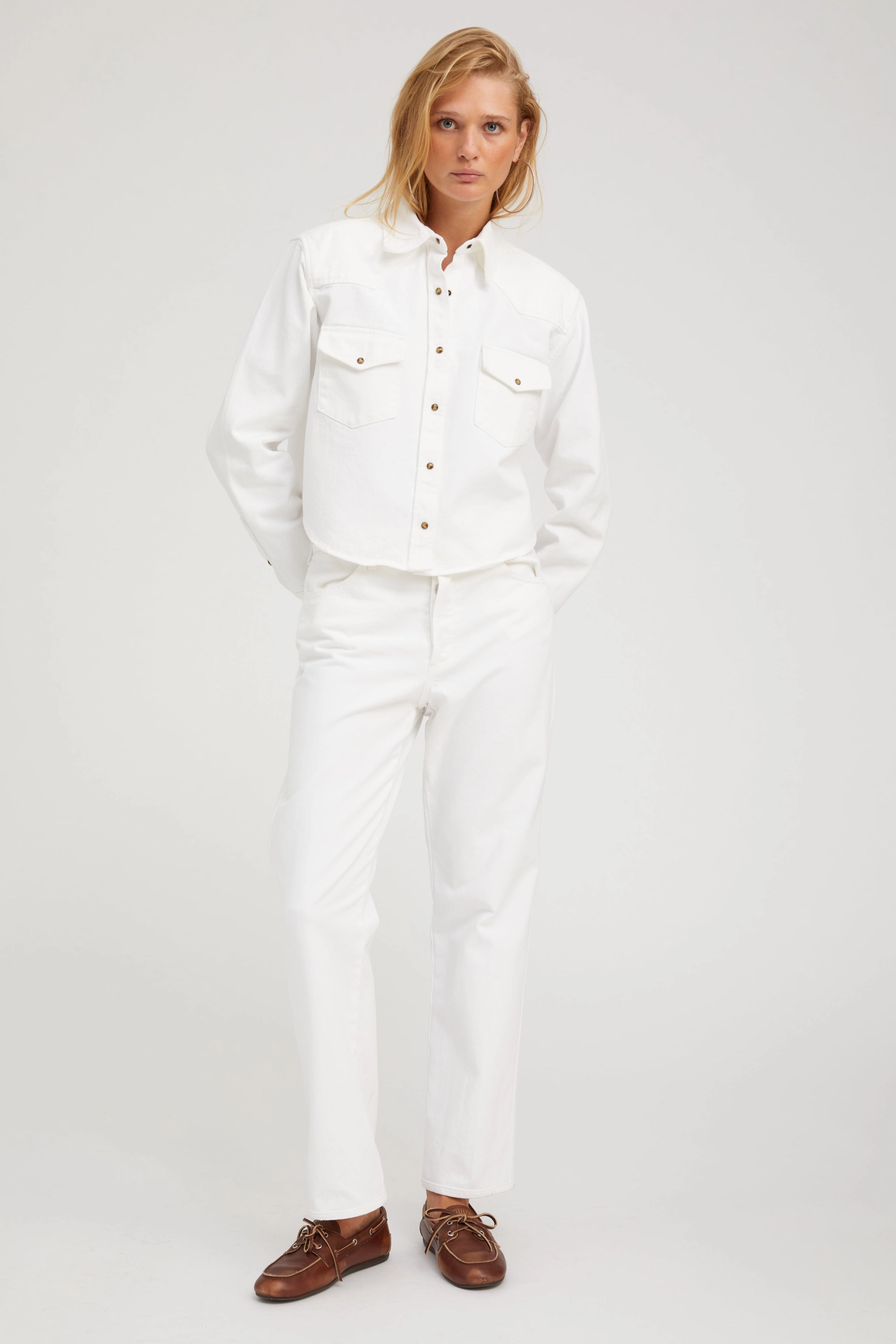 Sophia Denim Cropped Western Button Down Cooling Technology Adjustable Hemline