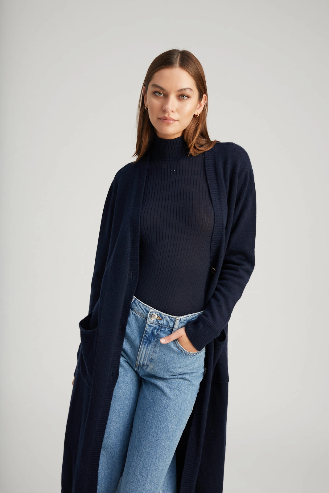 Lightweight Layering Option Navy Cashmere Long Cardigan