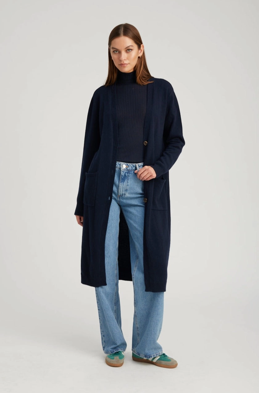 Light material TaglessLabel Navy Cashmere Long Cardigan
