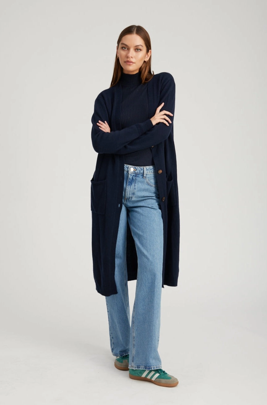 Navy Cashmere Long Cardigan AdjustableCuffs