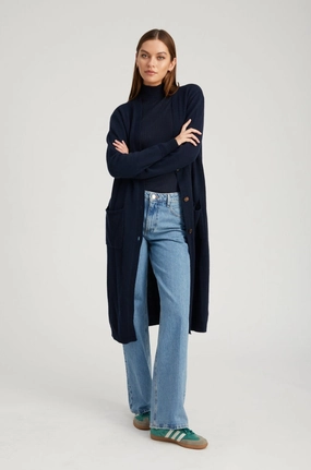 Navy Cashmere Long Cardigan AdjustableCuffs