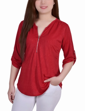Lightweight Weave 3/4 Roll Tab Zip Front Jacquard Knit Top