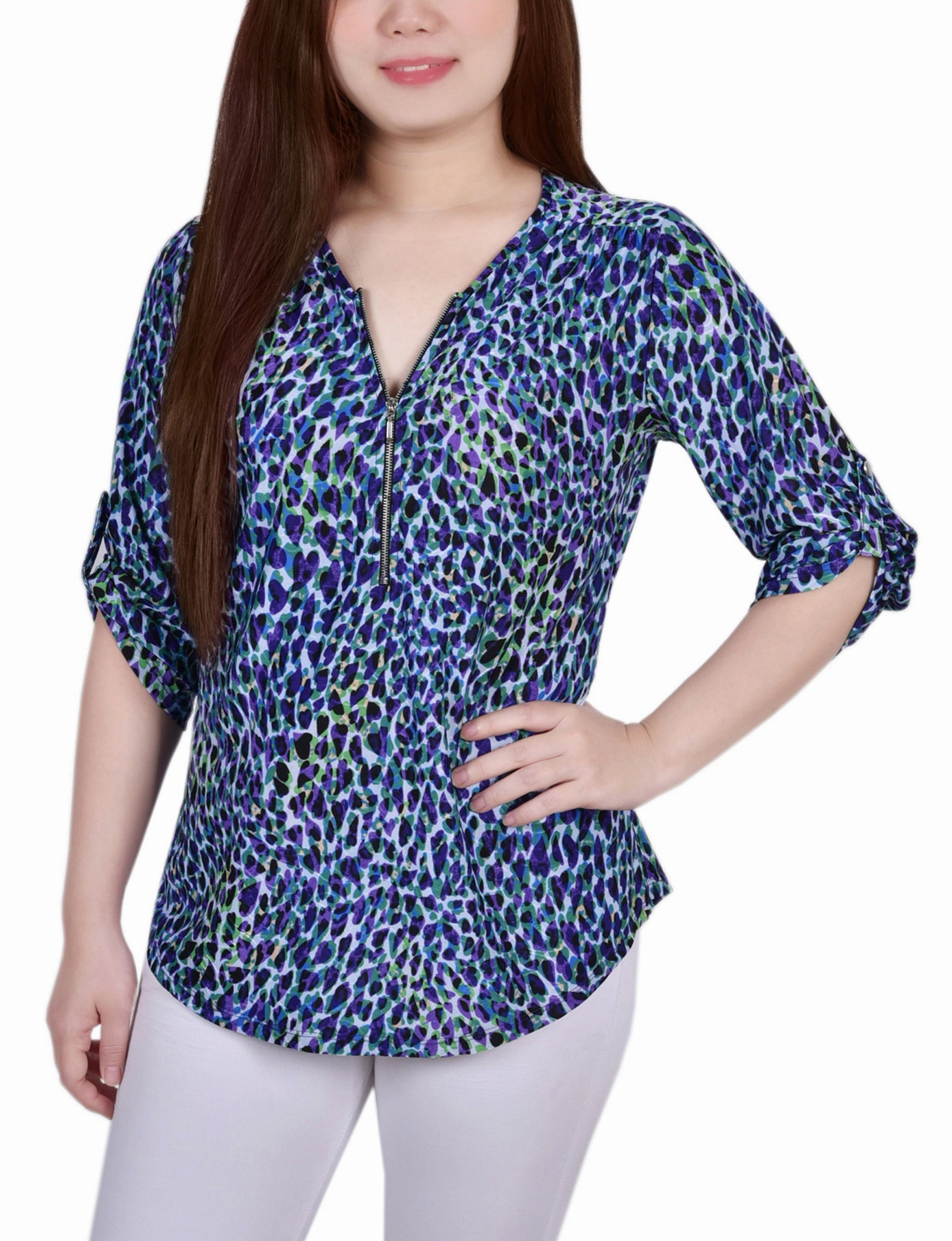 ColorfastMaterial Casual Blouse 3/4 Roll Tab Zip Front Jacquard Knit Top