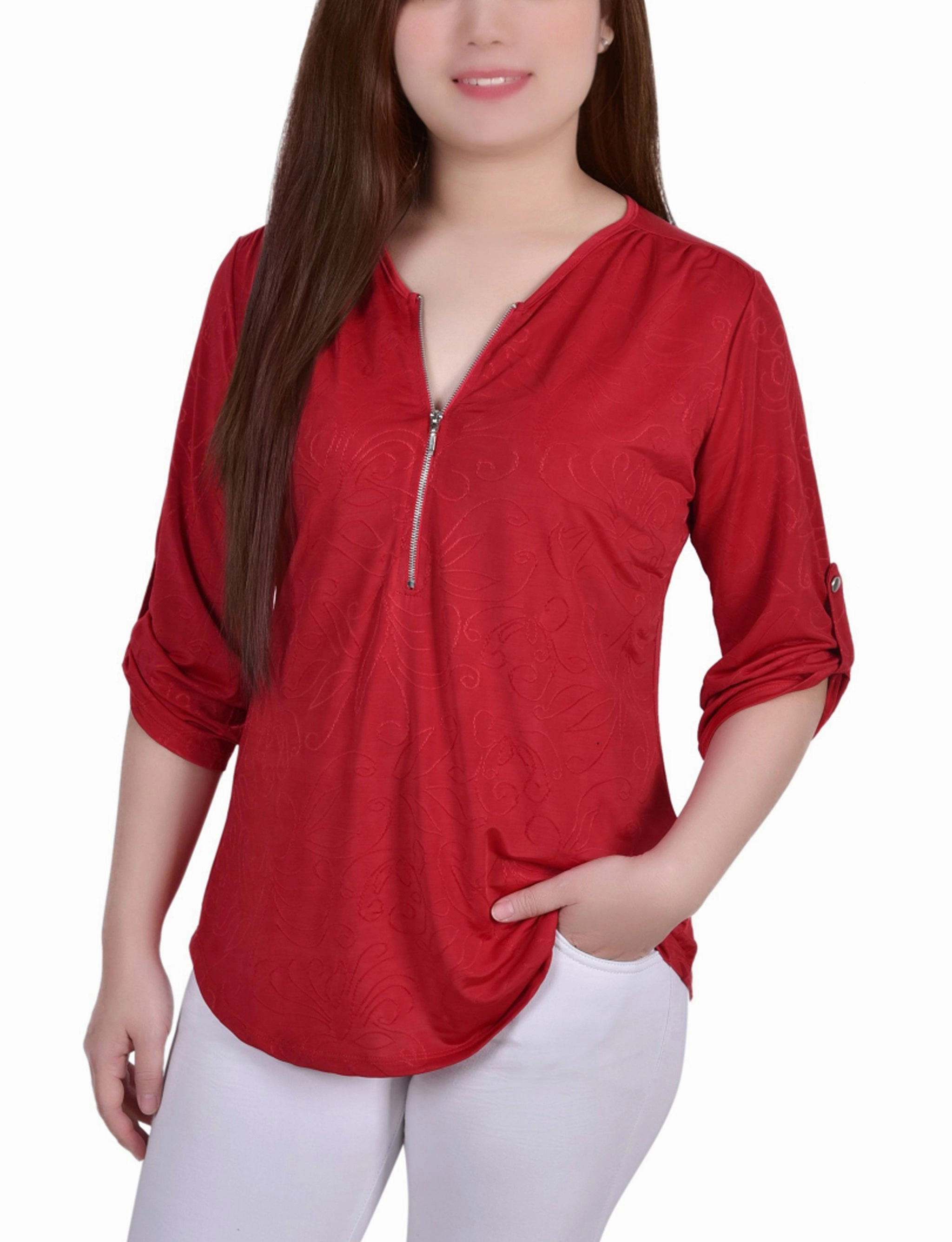 Stretch waistband StretchKnit 3/4 Roll Tab Zip Front Jacquard Knit Top