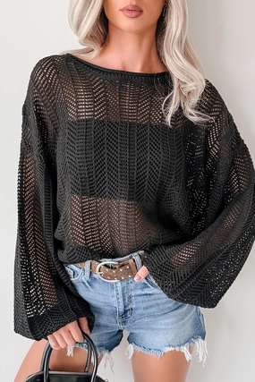 Feel Good Flow Open Knit Zenana Sweater (Black) Sweat Absorbing Lining