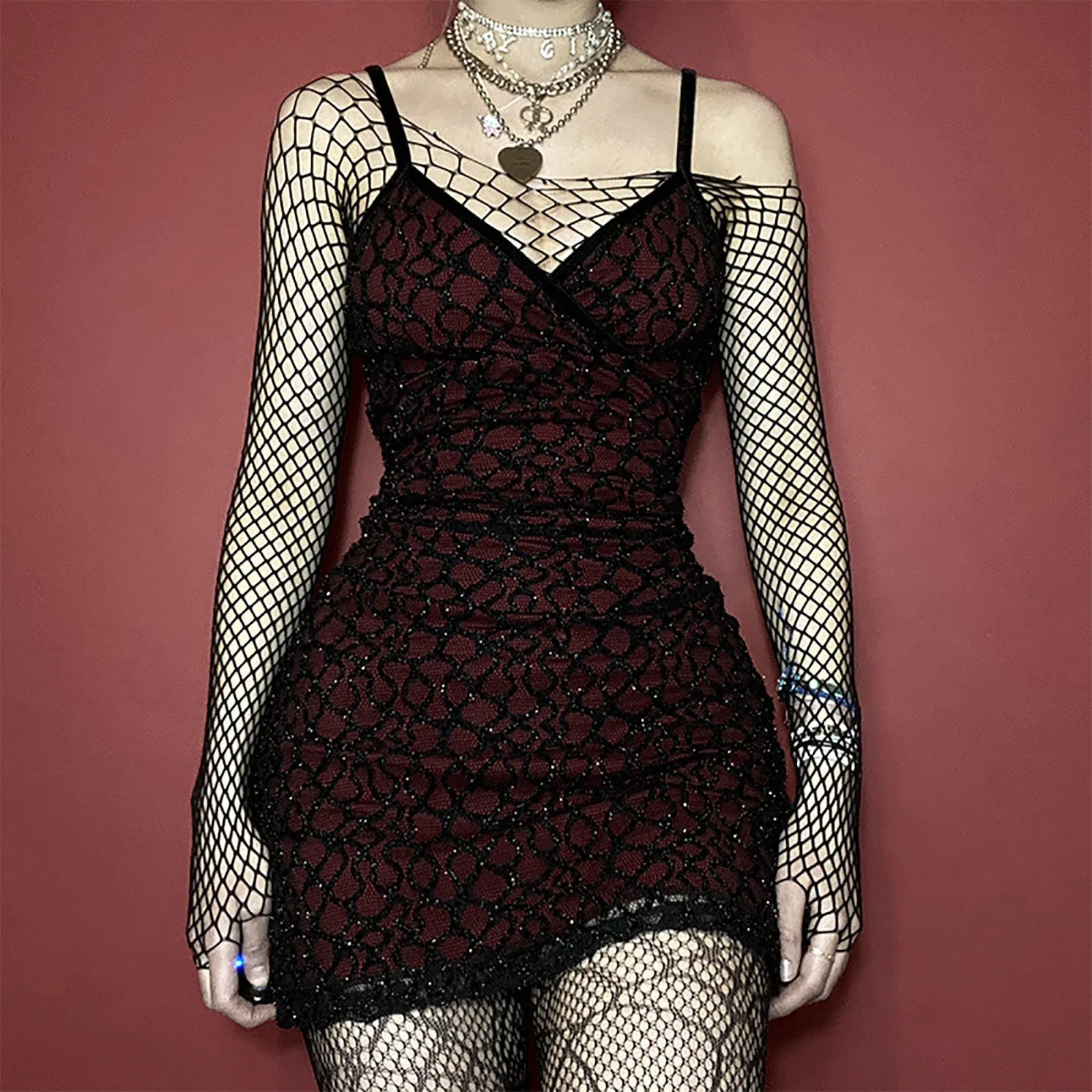 VenusFox Women's Gothic Style V-neck Dark Sexy Red Mesh Sling Mini Dress Casual Wrap Streetwear Women Goth Punk Gothic Harajuku dresses