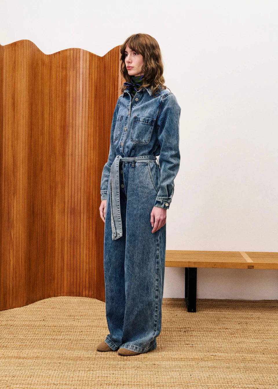 VERBANA BLUE DENIM JUMPSUIT Flexible Knee Panels Earthy Rainy Day City Walk
