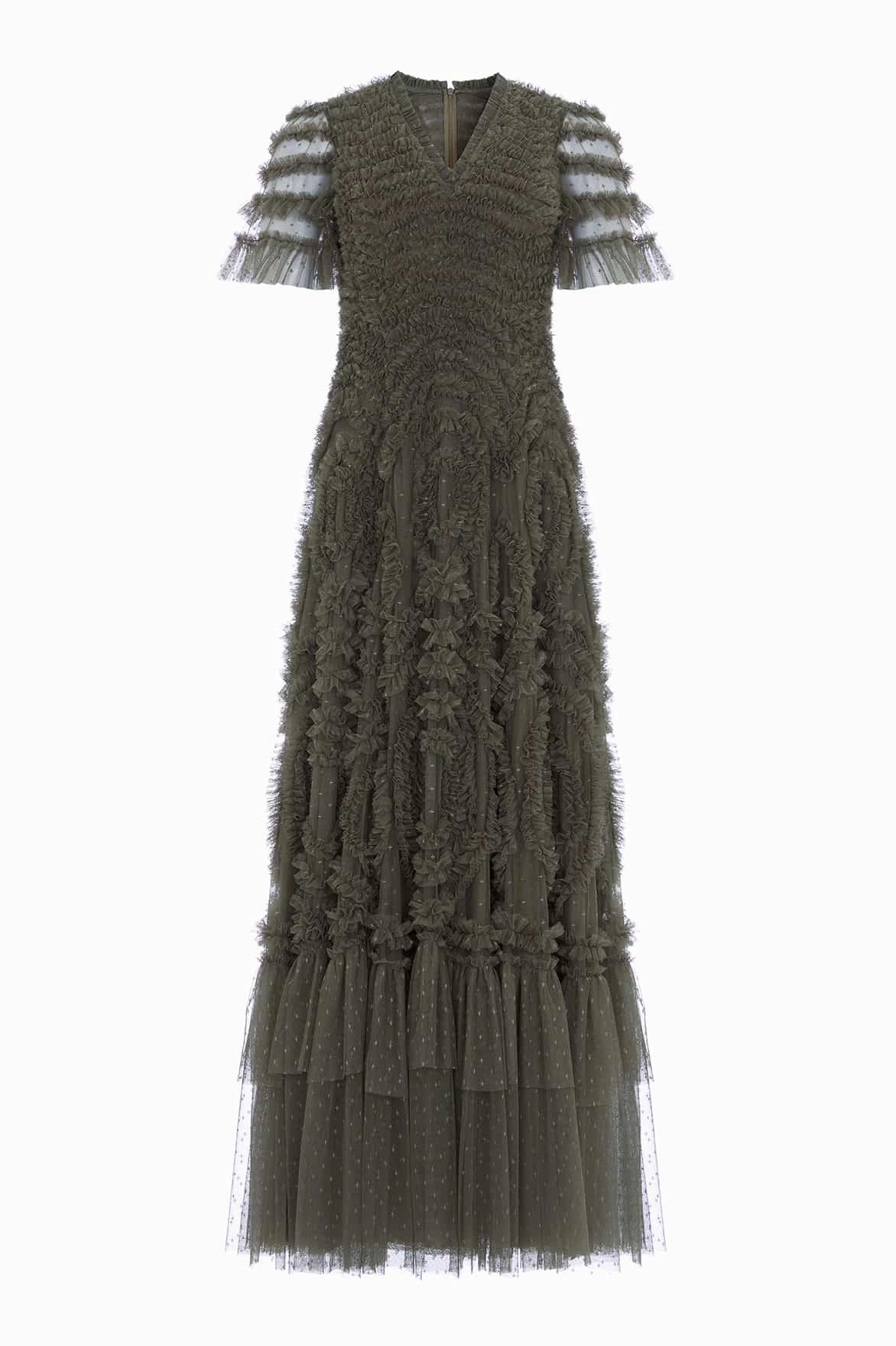 Tailored Waistband Verity Ruffle V-Neck Gown