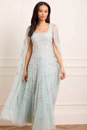 Cut-Out-Detail Versailles Ditsy Cape Sleeve Ankle Gown
