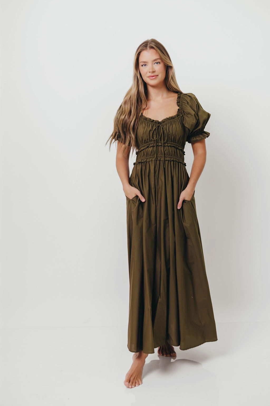 Sydnee Cotton Maxi Dress in Dusty Olive - Bump Friendly Smart and Relaxed