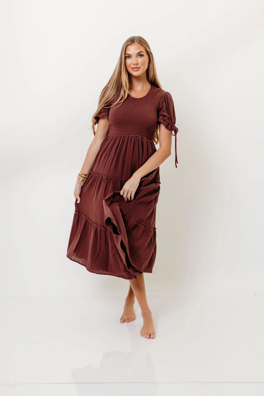 Warm Pink Urban Favorite Trisha Cotton Midi Dress in Saddlewood