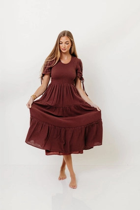 Soft Feel Button-front Trisha Cotton Midi Dress in Saddlewood