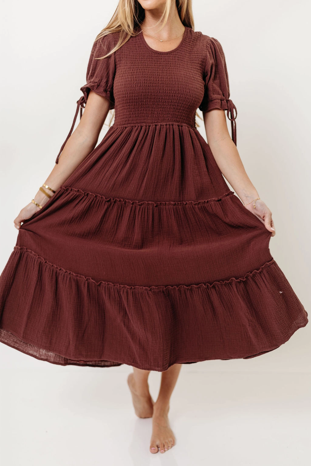 Trisha Cotton Midi Dress in Saddlewood Glam Touch