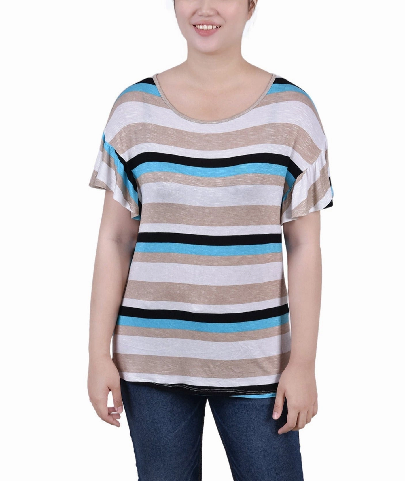 Flexible Knit Blend Hygroscopic Inner Layer Short Flutter Sleeve Top