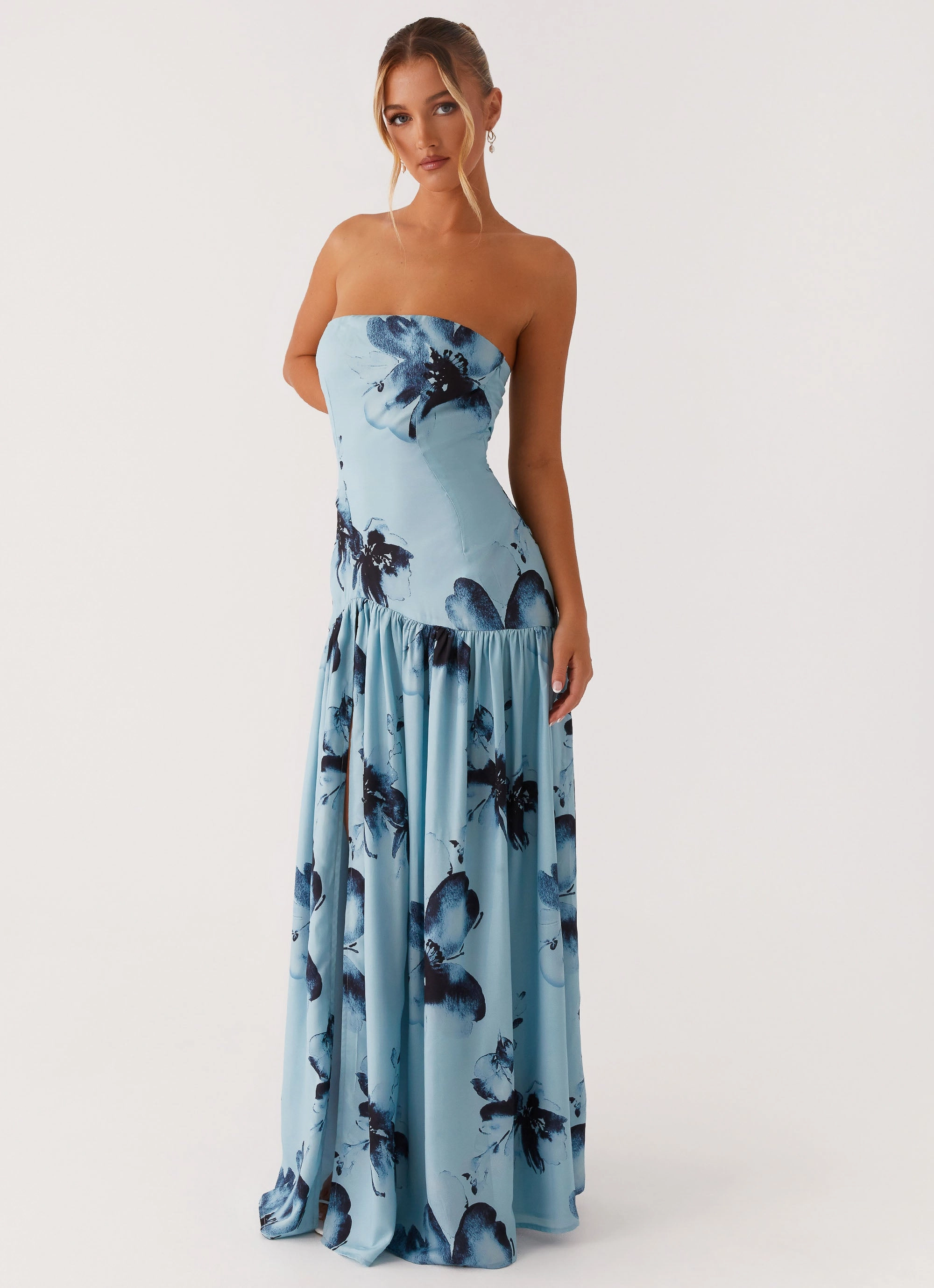 Eden Strapless Maxi Dress - Blue Black Floral London Edge