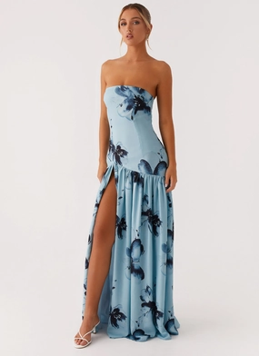 Eden Strapless Maxi Dress - Blue Black Floral Refined Simplicity