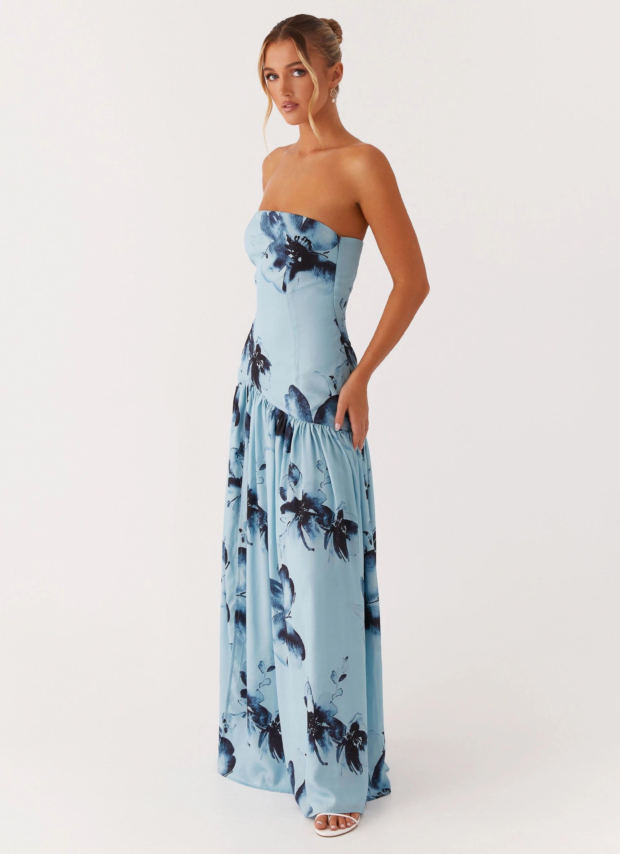 Eden Strapless Maxi Dress - Blue Black Floral Country View Light Silhouette