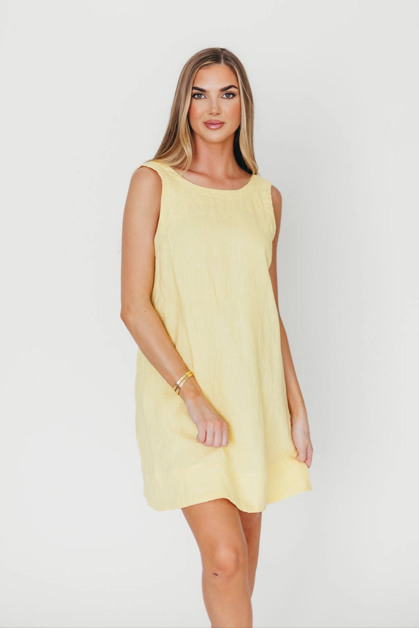 Front Detail Tailored Comfort 100% Linen Florence Mini Woven Dress in Pineapple *Final-Sale*